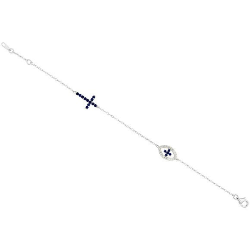Sterling Silver CZ Blue Cross Evil Eye Bracelet